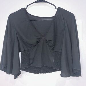 SHEIN Black V-Neck Smocked Waist Flowing Sleeve Top